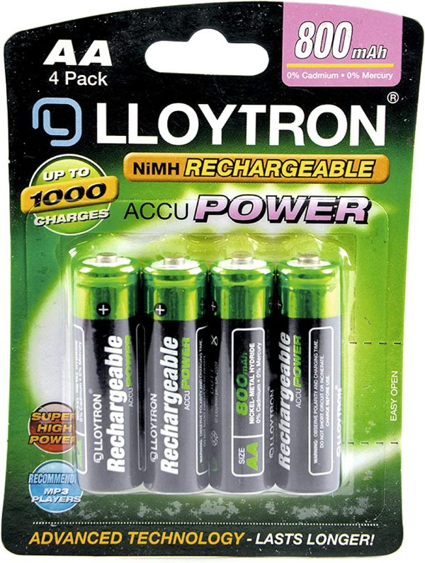 LLOYTRON NIMH RECHARGEABLE ACCUPOWER BATTERIES AA 800MAH PACK OF 4