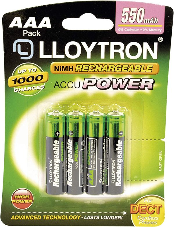 LLOYTRON NIMH RECHARGEABLE ACCUPOWER BATTERIES AAA 550MAH PACK OF 4