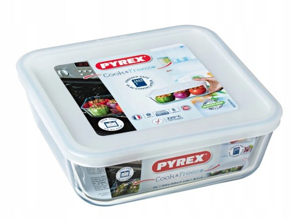 PYREX COOK & FREEZE GLASS SQUARE DISH WITH PLASTIC LID 20CM X 20CM 2L