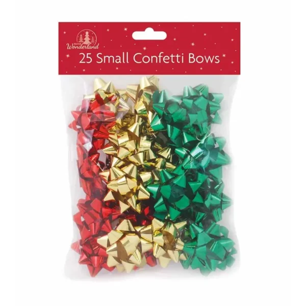 FESTIVE WONDERLAND SMALL CONFETTI RED GREEN GOLD GIFT BOWS PACK OF 25