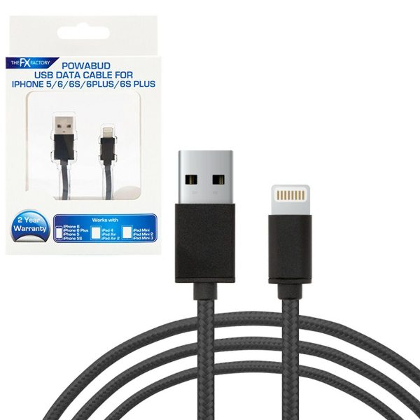 FX POWABUD BRAIDED USB DATA CABLE FOR IPHONE 6 7 8 X XS - BLACK