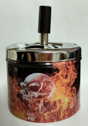 METAL TIN PUSH DOWN SPIN ASHTRAY - SKELETON