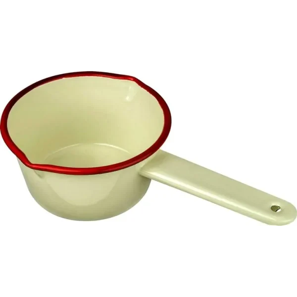 FALCON ENAMEL MILK PAN CREAM WITH RED TRIM 14CM