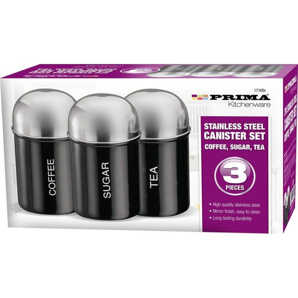 PRIMA STAINLESS STEEL COFFEE SUGAR TEA CANNISTER PACK OF 3 - BLACK