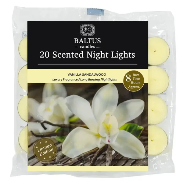 BALTUS LIMITED EDITION VANILLA SANDALWOOD 8 HOUR TEA LIGHTS PACK OF 20