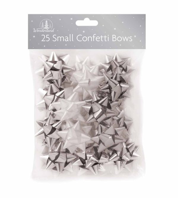 FESTIVE WONDERLAND SMALL SILVER WHITE CONFETTI GIFT BOWS PACK OF 25