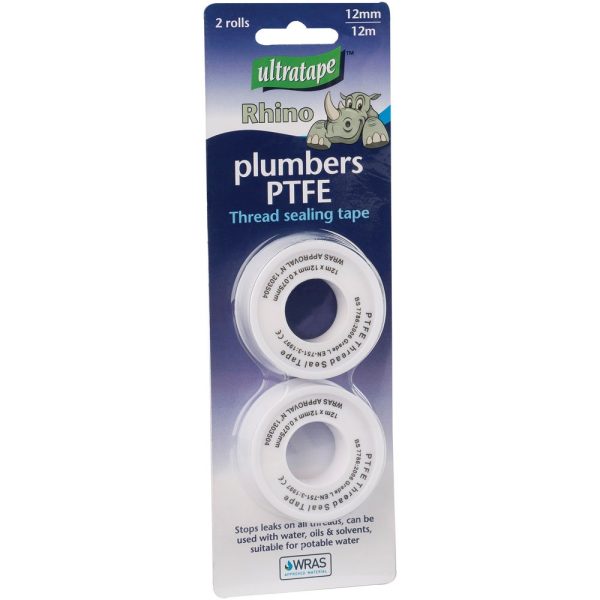 ULTRATAPE RHINO PTFE TAPE WHITE 12MM X 12M PACK OF 2