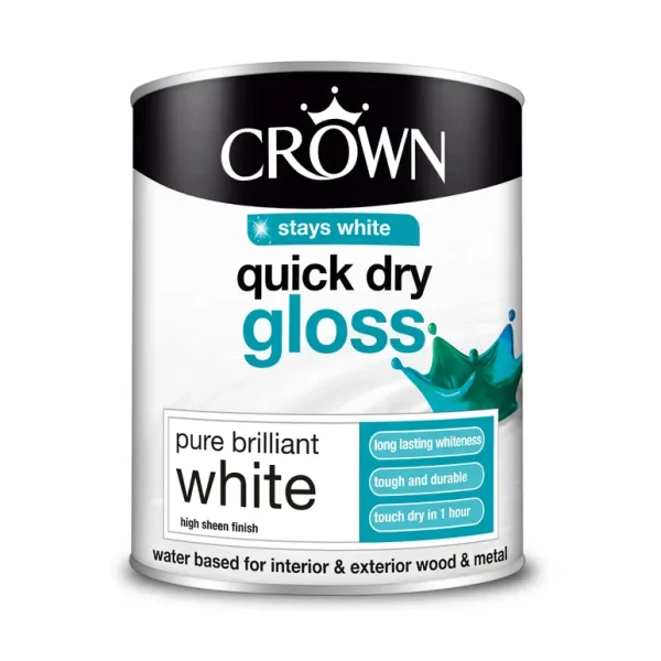 CROWN QUICK DRY GLOSS PURE BRILLIANT WHITE PAINT 750ML