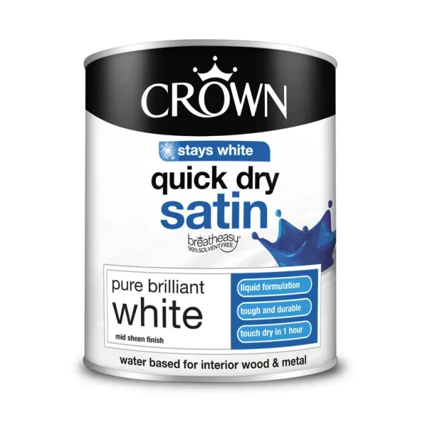 CROWN QUICK DRY SATIN PURE BRILLIANT WHITE PAINT 750ML