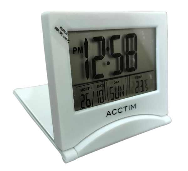 ACCTIM MINI FLIP 2 FOLDING TRAVEL LCD ALARM CLOCK - WHITE