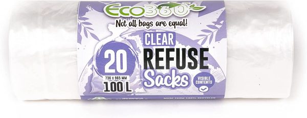 ECO 360 CLEAR REFUSE SACK BIN BAG 100L PACK OF 20