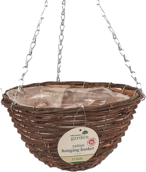 KINGFISHER DARK RATTAN PRE-LINED HANGING BASKET 30CM / 12 INCH