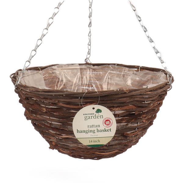 KINGFISHER DARK RATTAN PRE-LINED HANGING BASKET 35CM / 14 INCH