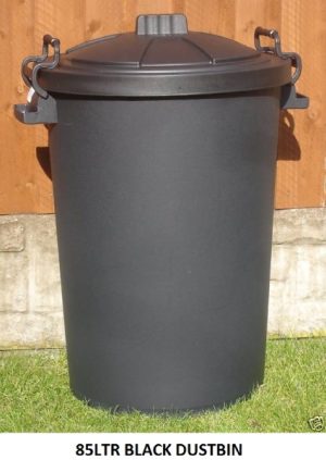 HEAVY DUTY BLACK PLASTIC DUSTBIN WITH METAL CLIP 85LTR