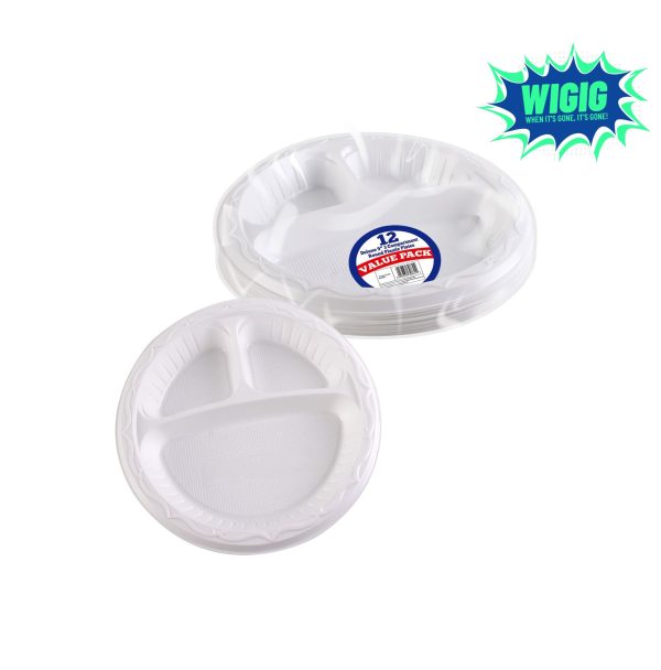 DELUXE 3 COMPARTMENT ROUND PLASTIC PLATES PACK Of 12