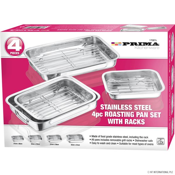 PRIMA 4 PIECS STAINLESS STEEL ROASTING PAN SET WITH RACKS