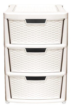 PLASTIC LARGE 3 DRAWER RATTAN TOWER STORAGE UNIT - CREAM