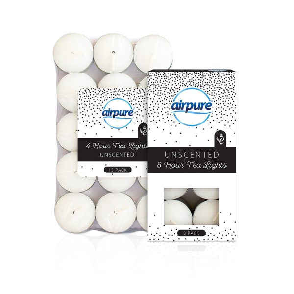 AIRPURE 8 HOUR UNSCENTED TEA LIGHTS CANDLE PACK OF 8