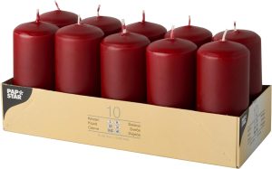 PACK OF 10 BORDEAUX / BURGANDY PILLAR CANDLES 50 X 100 MM