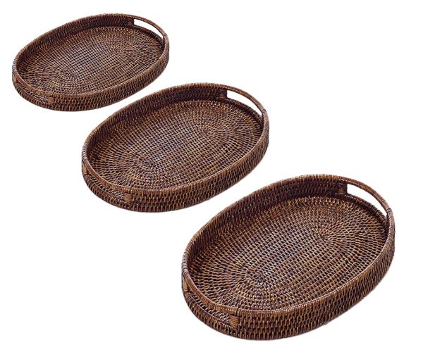 3 PIECE ROUND RATTAN TRAY SET WITH HANDLES