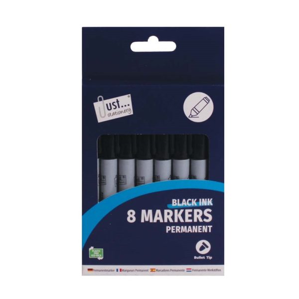 JUST STATIONERY BLACK PERMANENT MARKERS PACK OF 8