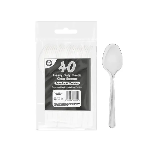 DELUXE HEAVY DUTY REUSABLE PLASTIC CLEAR SPOONS PACK OF 40