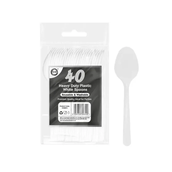 DELUXE HEAVY DUTY REUSABLE PLASTIC WHITE SPOONS PACK OF 40