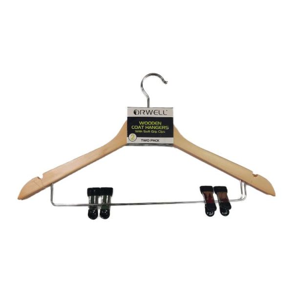 ORWELL WOODEN COAT HANGER WITH SOFT GRIP CLIPS PACK OF 2