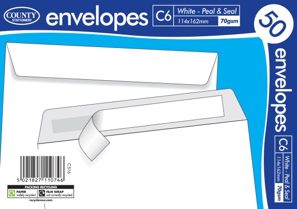 COUNTY C6 WHITE PEEL AND SEAL ENVELOPES PACK OF 50