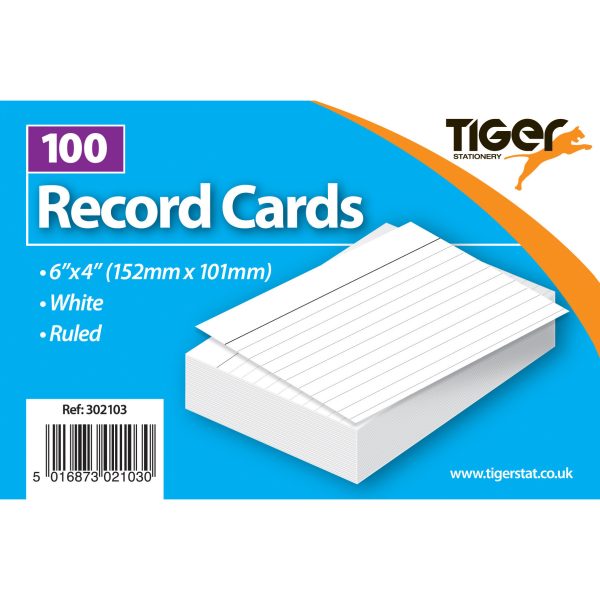 TIGER WHITE RULED RECORD CARDS 6 INCH X 4 INCH PACK OF 100