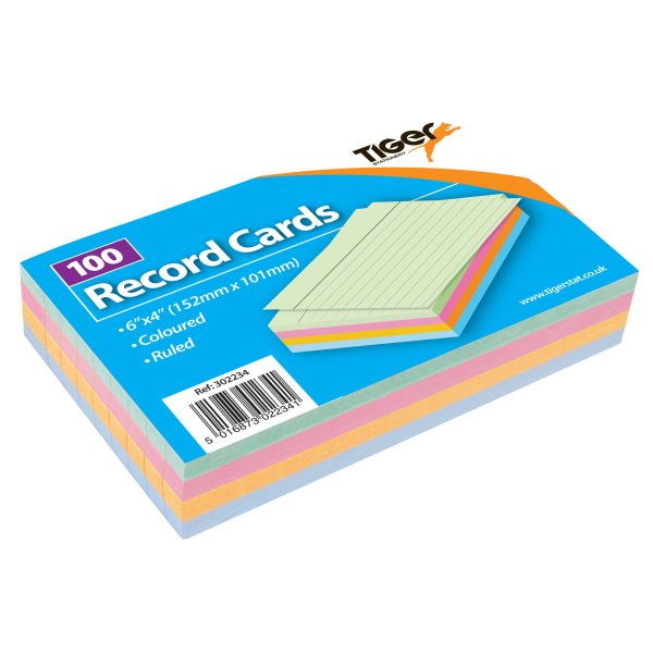 TIGER COLOUR RULED RECORD CARDS 6 INCH X 4 INCH 100/SHEETS