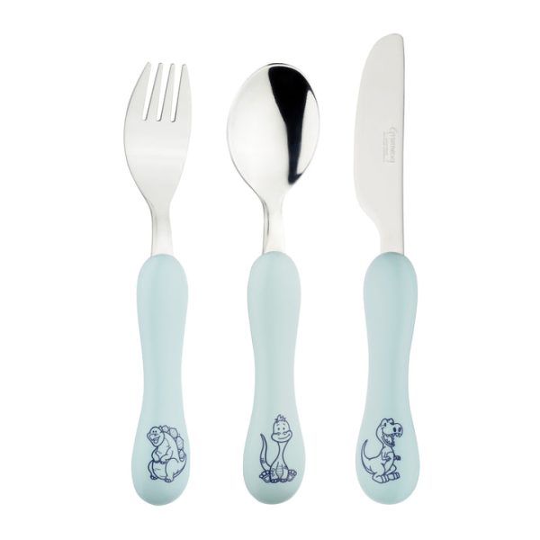 GREENWORKS DINO PATTERN 3 PIECE STAINLESS STEEL CHILDRENS CUTLARY SET