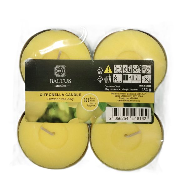 BALTUS MAXI TEALIGHTS CITRONELLA CANDLES 10HR PACK OF 4