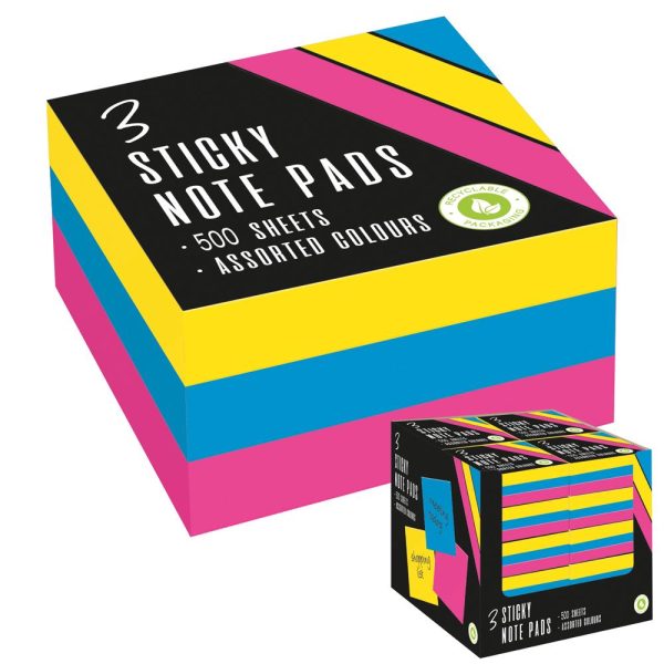 ASSORTED COLOURS STICKY NOTE PADS 500 SHEETS PACK OF 3