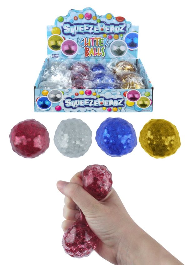 ASSORTED COLOUR GLITTER SQUEEZE SPLAT BALL WITH BEADS STRESS RELIEF 6.5CM