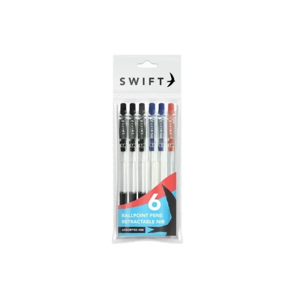 SWIFT MULTI COLOURED RETRACTABLE BALLPOINT PENS PACK OF 6