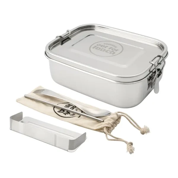 GRUNWERG OUT FOR LUNCH LEAKPROOF S/S LUNCH BOX WITH DIVIDER SPORK STRAW AND BAG MIRROR 800ML