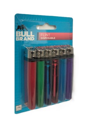 BULL BRAND ASSORTED FLINT DISPOSABLE LIGHTER PACK OF 6