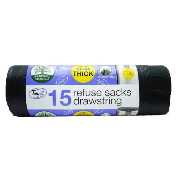 TIDYZ EXTRA THICK BLACK REFUSE SACKS DRAWSTRING BAG 70LT PACK OF 15