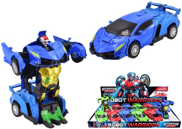 ASSORTED COLOUR PULL BACK DIECAST TRANSFORMING ROBOT WARRIOR CAR