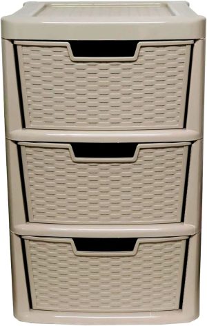 PLASTIC LARGE 3 DRAWER RATTAN TOWER STORAGE UNIT - MUSHROOM