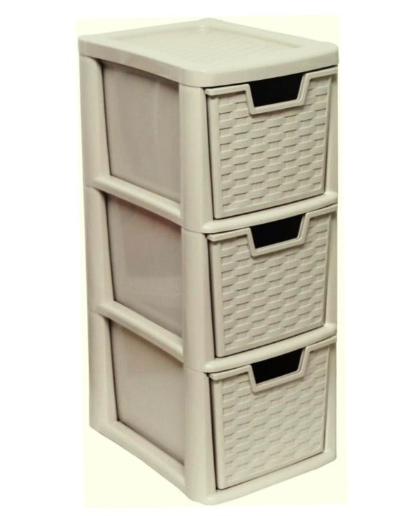 PLASTIC MEDIUM 3 DRAWER RATTAN TOWER STORAGE UNIT - MUSHROOM