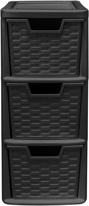 PLASTIC MEDIUM 3 DRAWER RATTAN TOWER STORAGE UNIT - BLACK