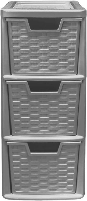 PLASTIC MEDIUM 3 DRAWER RATTAN TOWER STORAGE UNIT - GREY