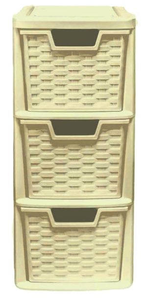 PLASTIC MEDIUM 3 DRAWER RATTAN TOWER STORAGE UNIT - CREAM