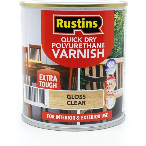 RUSTINS QUICK DRY POLYURETHANE VARNISH EXTRA TOUGH GLOSS CLEAR 1LTR