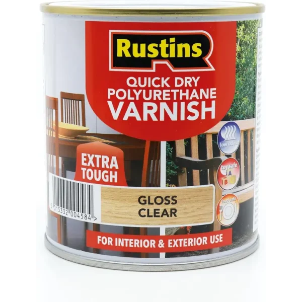 RUSTINS QUICK DRY POLYURETHANE VARNISH EXTRA TOUGH GLOSS CLEAR 500ML