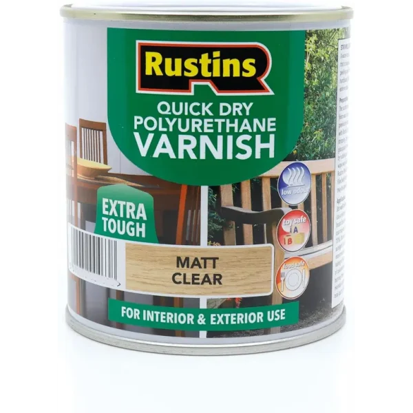 RUSTINS QUICK DRY POLYURETHANE VARNISH EXTRA TOUGH MATT CLEAR 1LTR