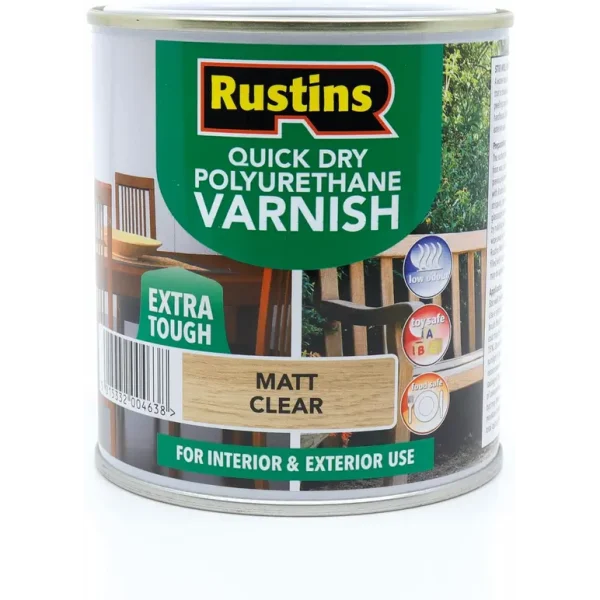 RUSTINS QUICK DRY POLYURETHANE VARNISH EXTRA TOUGH MATT CLEAR 500ML