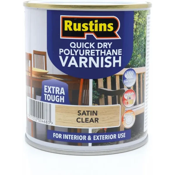 RUSTINS QUICK DRY POLYURETHANE VARNISH EXTRA TOUGH STAIN CLEAR 1LTR